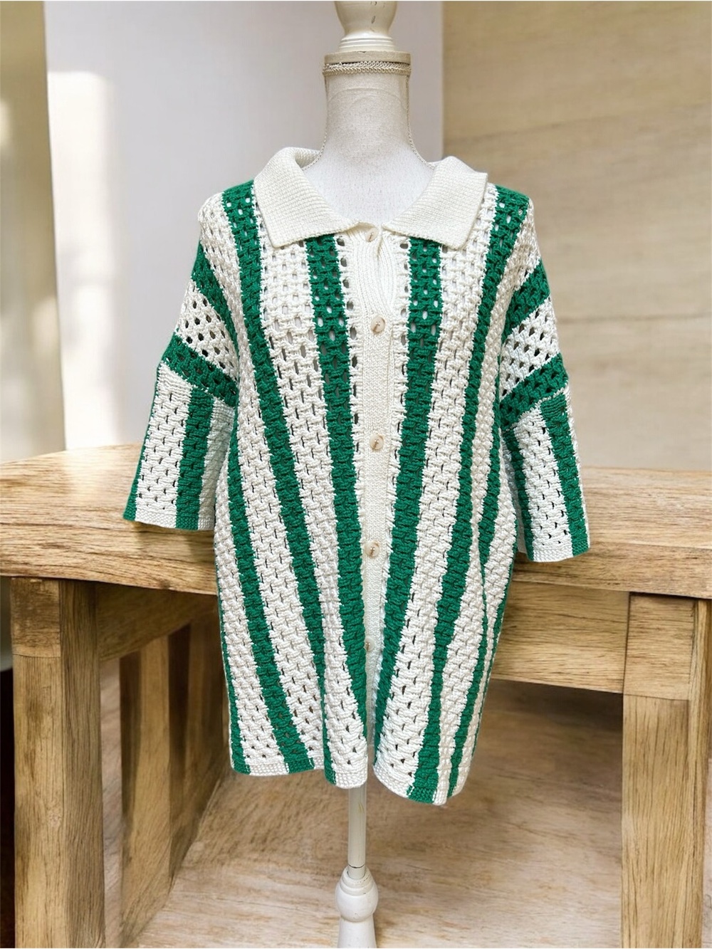 Women’s Hand Crafted Crochet Green Ivory Vertical Stripe Chunky Knit Cardigan XL